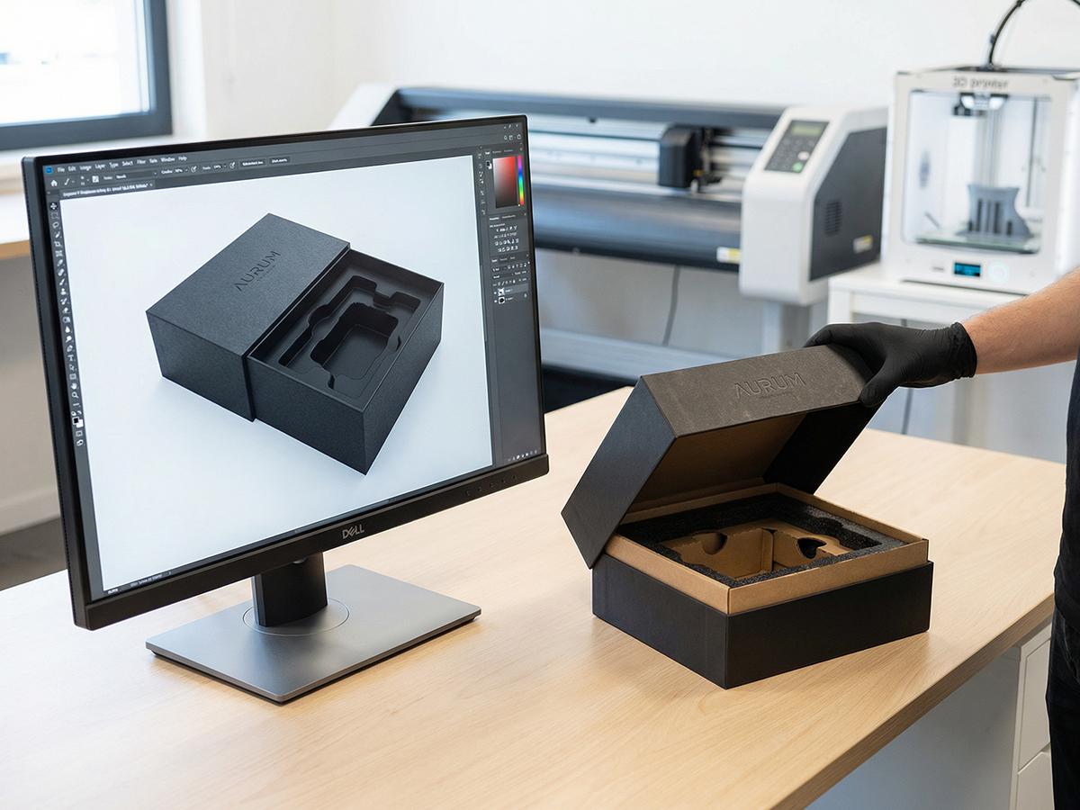 Hands holding a physical packaging prototype